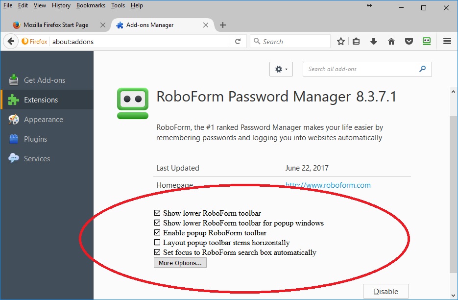 move roboform extension in chrome to top of page