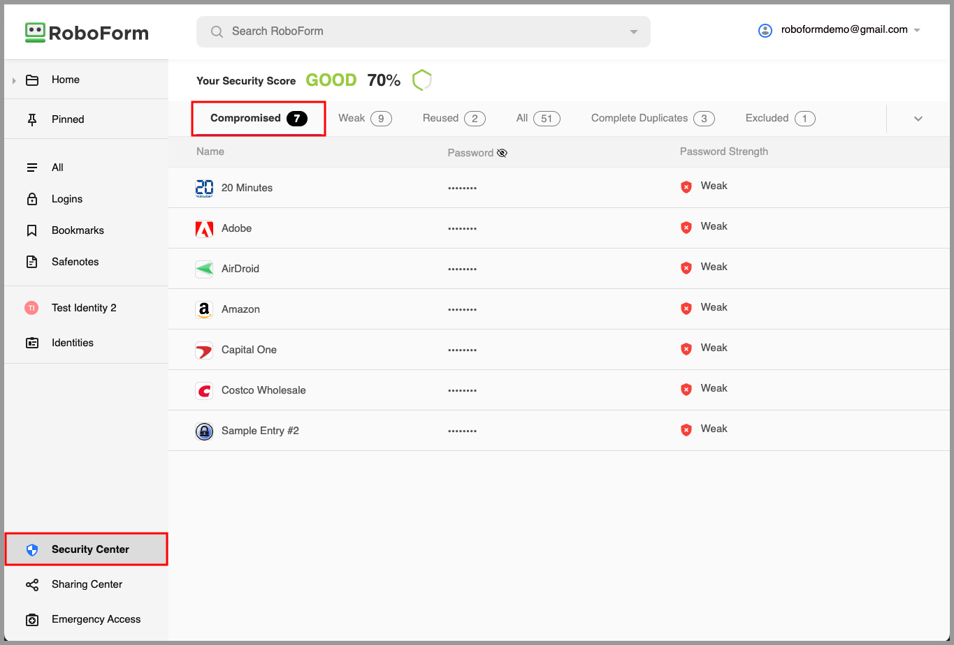 Compromised Passwords In Security Center – RoboForm