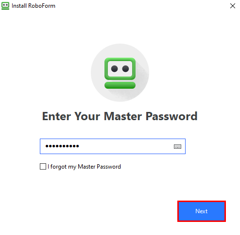 Enter master password set up, select next