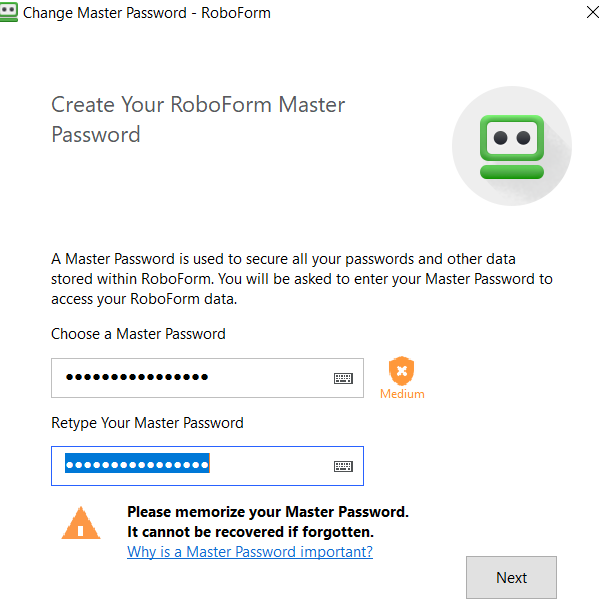 how to change roboform master password