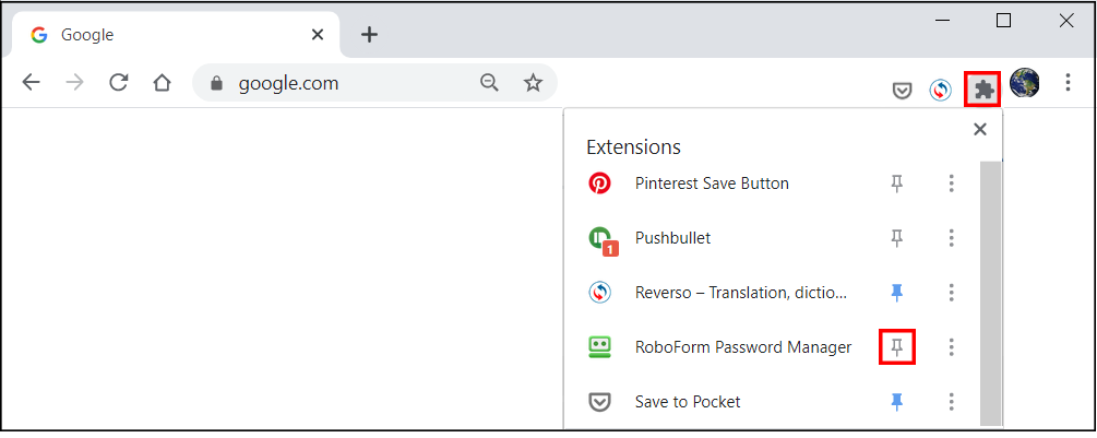 move roboform extension in chrome to top of page