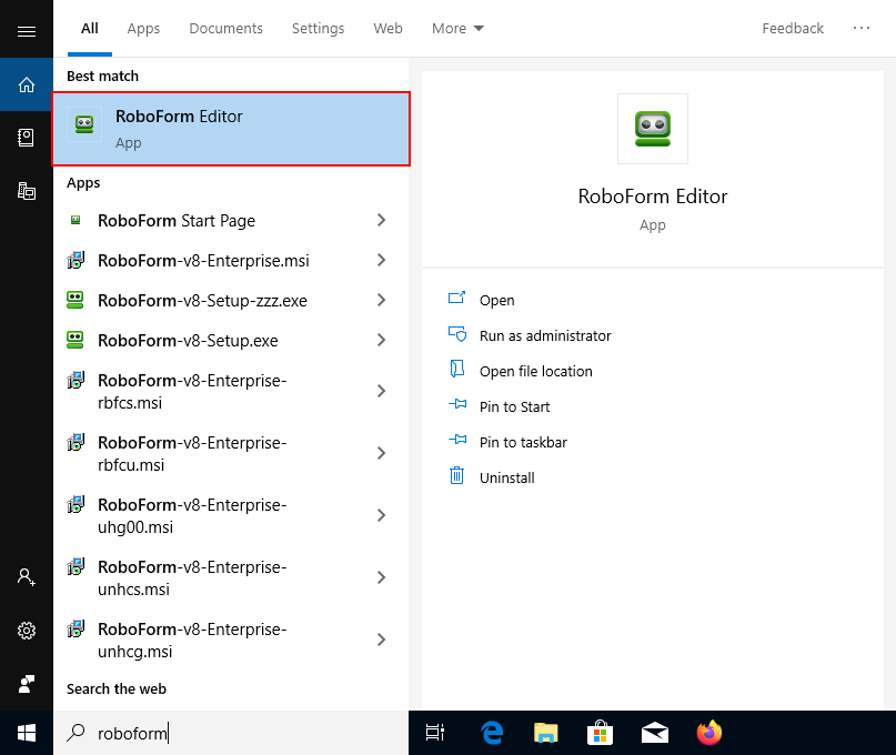 RoboForm editor application listed in windows search function