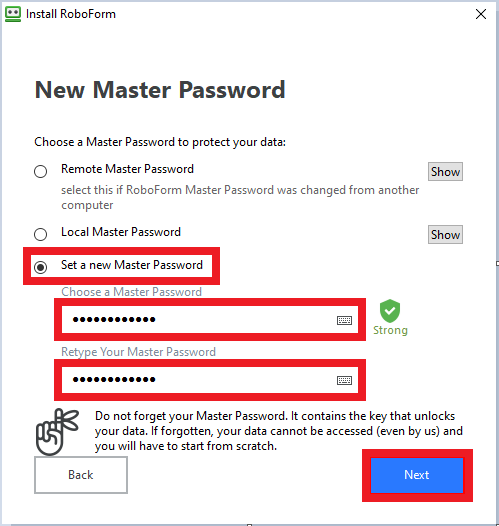 mnew master password set up option with Master password fileds entered. includes back and next option. 