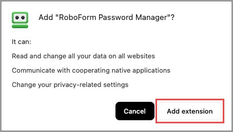 Screenshot showing how to confirm adding the RoboForm extension in the browser