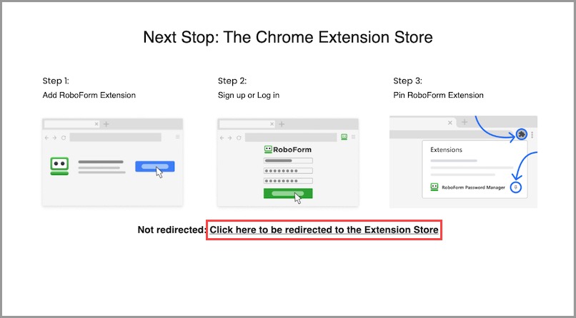 Screenshot showing how to open the Chrome Web Store to download the RoboForm extension